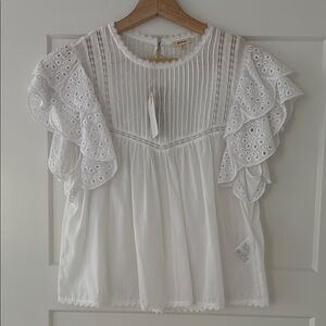 NWT!! Bellerose White Flutter Sleeve Ruffled Blouse